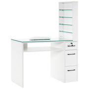 Glass Top Manicure Table With Open Shelves, Nail Tech Desk with Storage Drawers 2673