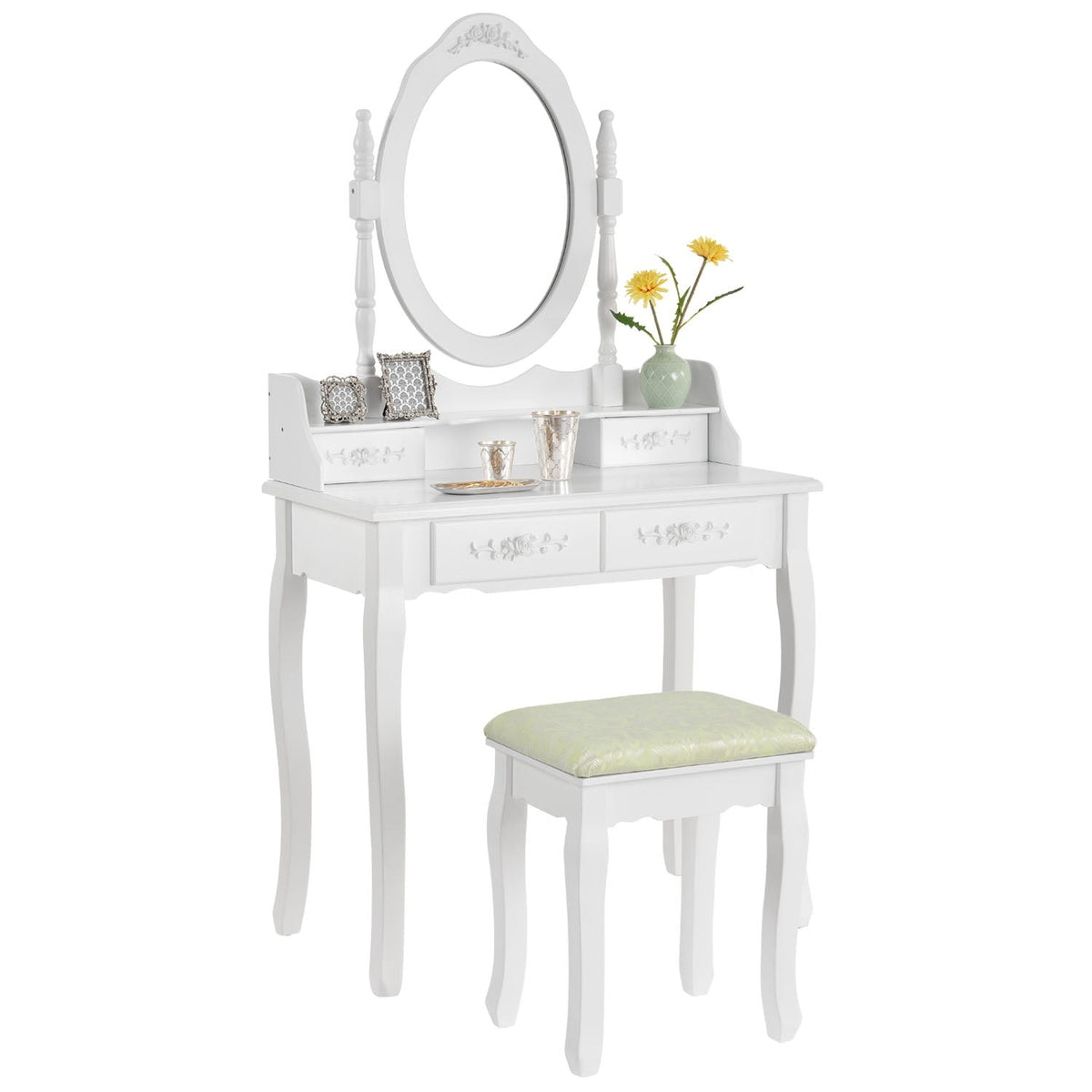White MIRA Dressing Table with 4 drawers mirror + stool