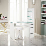 Glass Top Manicure Table With Open Shelves, Nail Tech Desk with Storage Drawers 2673