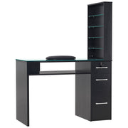Glass Top Manicure Table With Open Shelves, Nail Tech Desk with Storage Drawers 2673