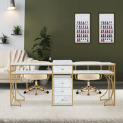 BarberPub Double Manicure Table, Marbling Textured Nail Station for 2 person 2488