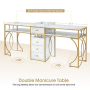 BarberPub Double Manicure Table, Marbling Textured Nail Station for 2 person 2488