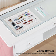 Glass-Top Nail Desk with Storage Drawer & Leather Padding, Beauty Manicure Station 2675