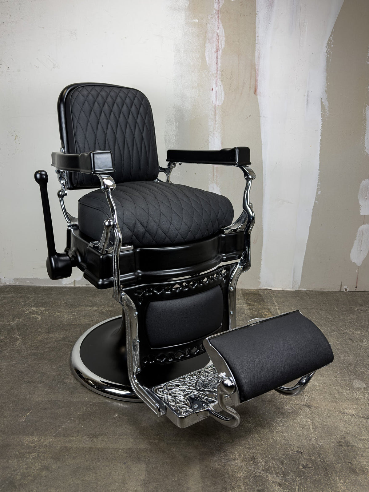 Custom Vintage Koken Barber Chair - Black on Chrome w/ Alsace Diamond Stitching