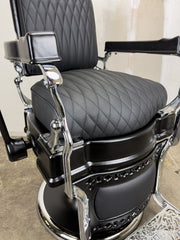 Custom Vintage Koken Barber Chair - Black on Chrome w/ Alsace Diamond Stitching