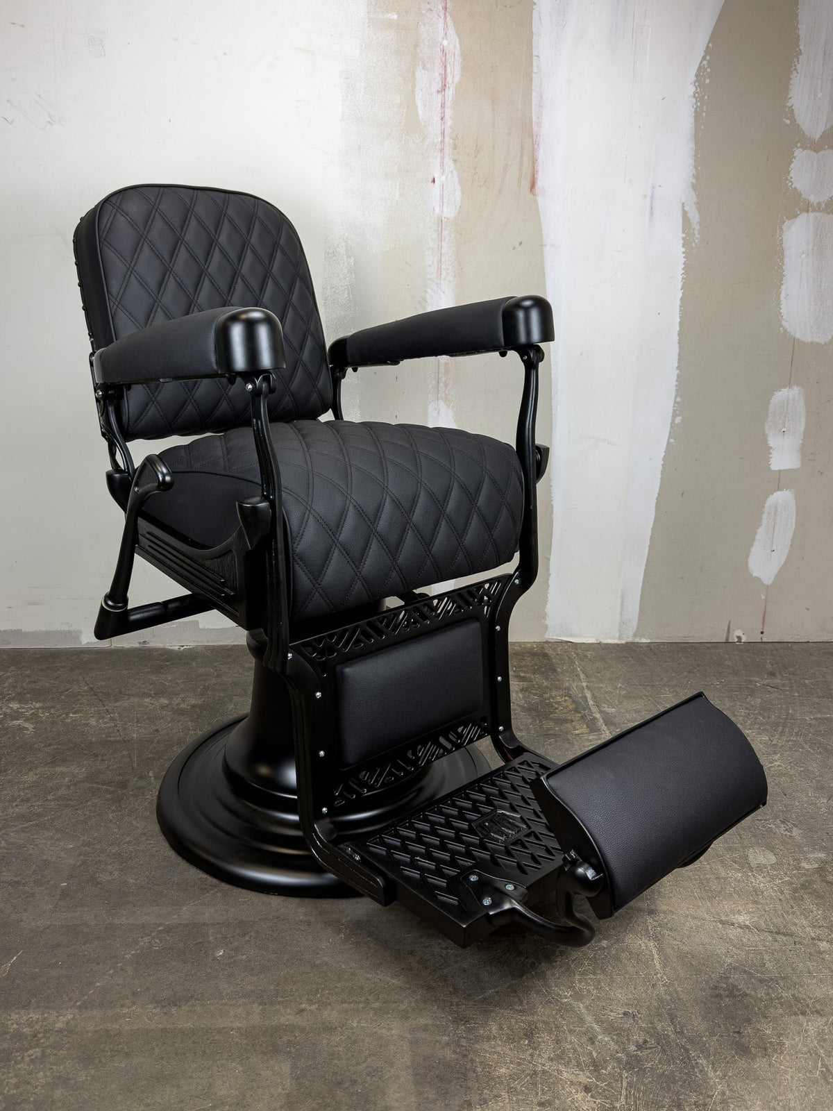 Custom Vintage Koken Barber Chair - Black on Black w/ Double Diamond Stitching