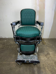Custom Vintage Koken Barber Chair - Black on Chrome w/ Gren Alsace Diamond Stitching