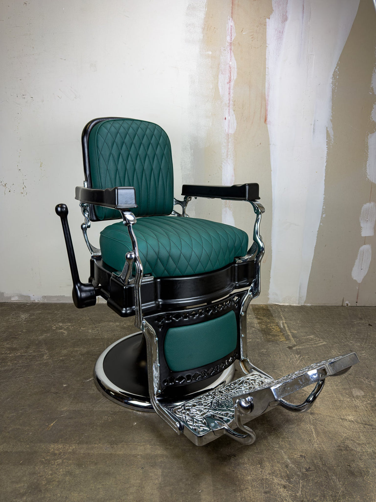 Custom Vintage Koken Barber Chair - Black on Chrome w/ Gren Alsace Diamond Stitching