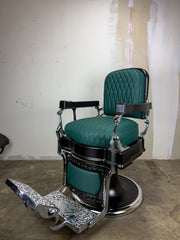 Custom Vintage Koken Barber Chair - Black on Chrome w/ Gren Alsace Diamond Stitching