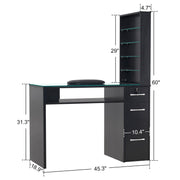 Glass Top Manicure Table With Open Shelves, Nail Tech Desk with Storage Drawers 2673