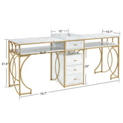 BarberPub Double Manicure Table, Marbling Textured Nail Station for 2 person 2488