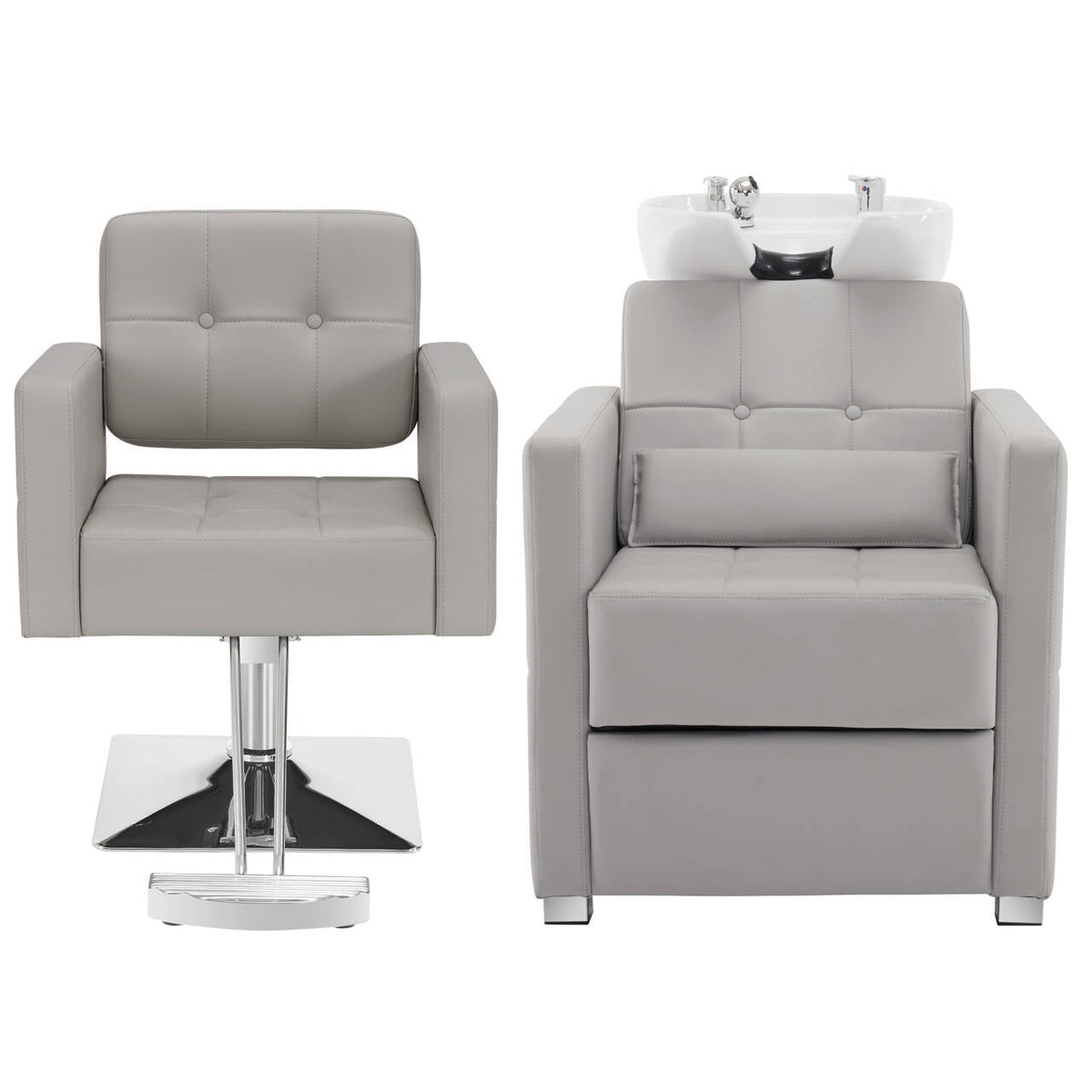 BarberPub Salon Chair 9468 & Backwash Shampoo Chair 9309 Set – Brown Hydraulic Barber Styling Chair with Ceramic Hair Wash Bowl