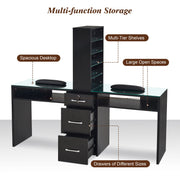 BarberPub Double Manicure Table for Storage, Functional Nail Desk with Glass 2666