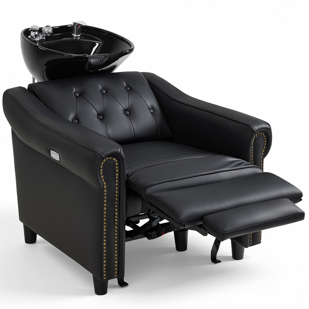 BarberPub Electric Shampoo Bowl and Chair Set for Salon, Adjustable Porcelain Hair Wash Bowl, 4.8’’ Extended Footrest, UPC Certificated Vacuum Breaker, 9627