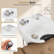 BarberPub Electric Shampoo Bowl and Chair Set for Salon, Adjustable Porcelain Hair Wash Bowl, 4.8’’ Extended Footrest, UPC Certificated Vacuum Breaker, 9627
