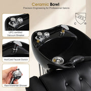 BarberPub Electric Shampoo Bowl and Chair Set for Salon, Adjustable Porcelain Hair Wash Bowl, 4.8’’ Extended Footrest, UPC Certificated Vacuum Breaker, 9627