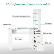 Glass Top Manicure Table With Open Shelves, Nail Tech Desk with Storage Drawers 2673