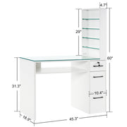 Glass Top Manicure Table With Open Shelves, Nail Tech Desk with Storage Drawers 2673